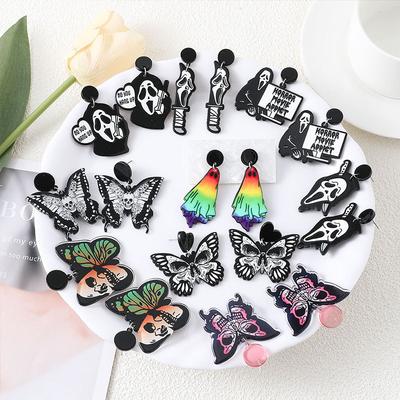 Halloween Dunkle Ohrringe Gruselige Totenkopf-Ohrringe Regenbogen-Geist Schmetterling Stecker-Ohrringe Accessoires für Männer und Frauen
