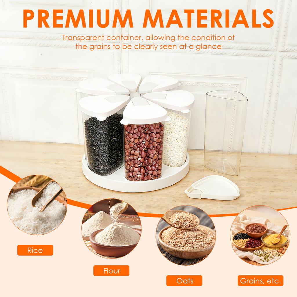 5/6 Grid Food Grain Storage Container Plastic Kitchen Storage Containers with 360 ° Rotating Base Transparent Grain Rice Dispens