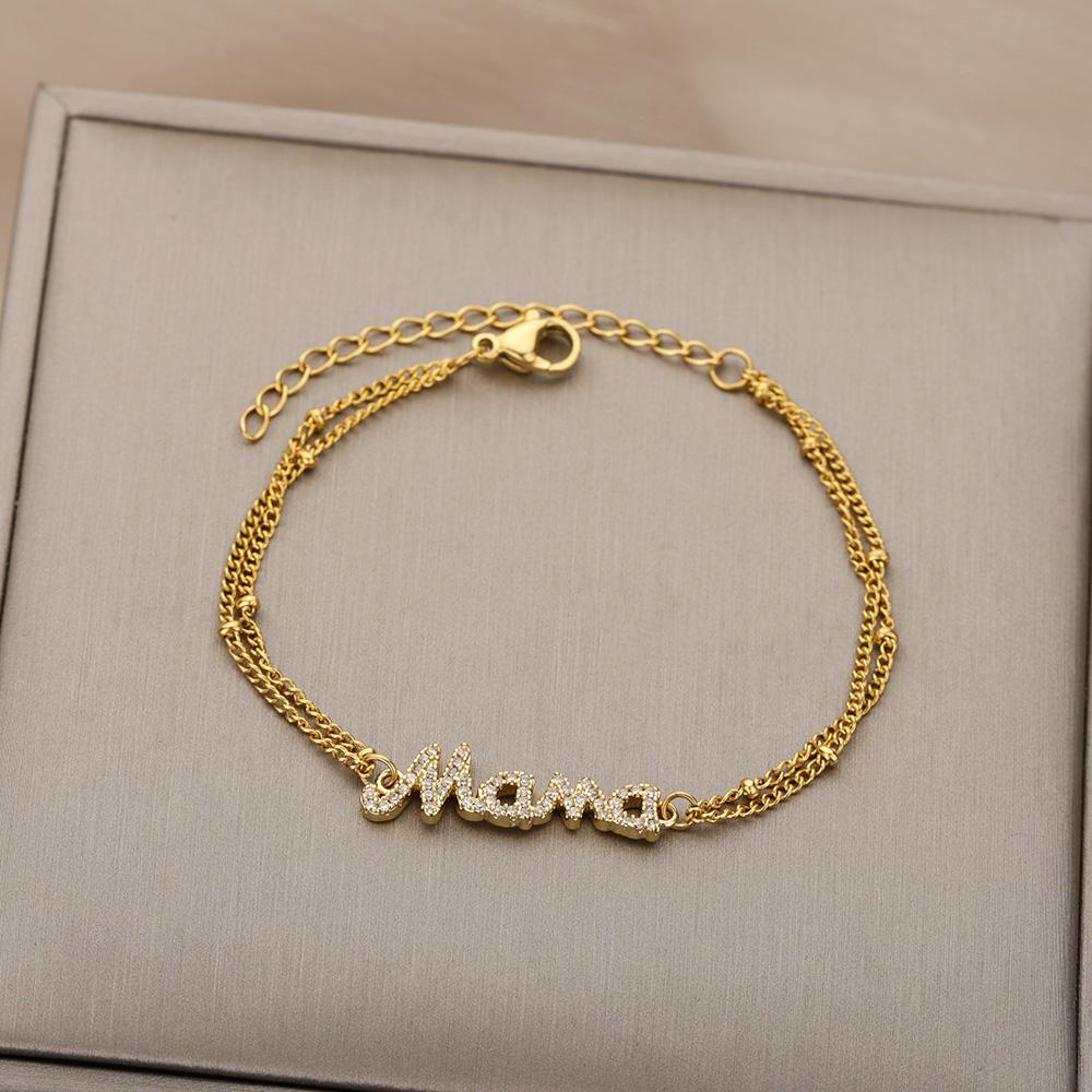 Zircon Letter Mama Bracelets For Women Stainless Steel Double Bead Link Chain Family Love Bracelet Femme Mother Jewelry Gift