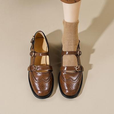 Mode NEU Frühling/Herbst Damen Pumps Runde Zehenpartie Klobiger Absatz Schuhe Spaltleder Schuhe für Damen Gürtelschnalle Brogue Schnalle Riemchen Schuhe