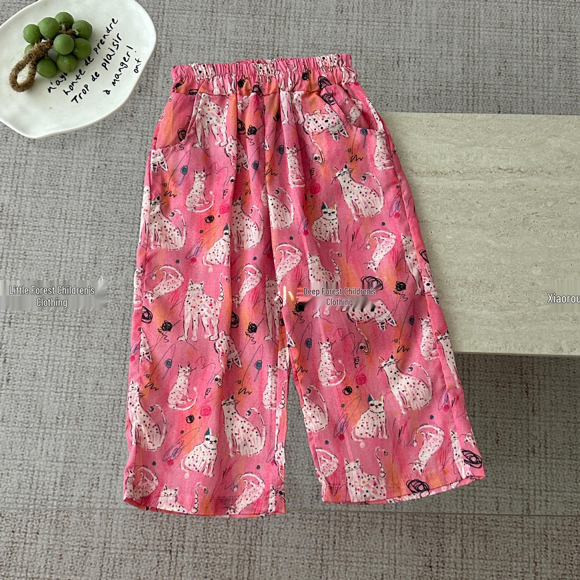 Girls  Pink Cat Wide-Leg Anti-Mosquito Pants Size 120