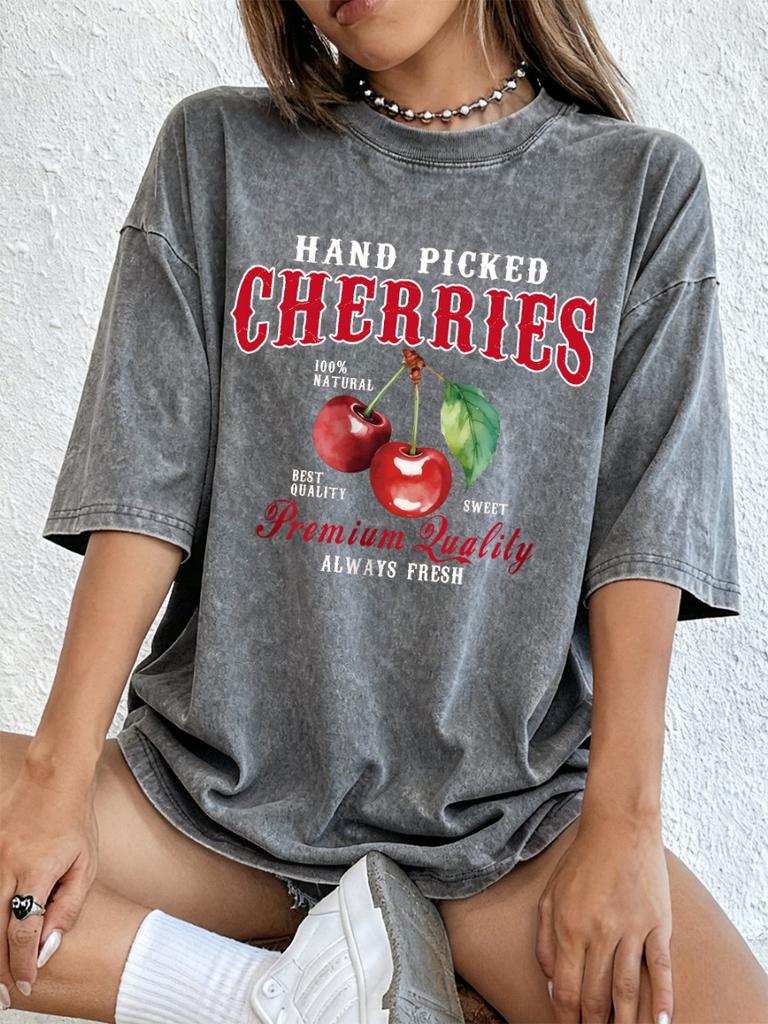 Hand Picked Cherries Fruits Printed Washed T-Shirt Women Cotton Oversized Tops Soft Distressed O-Neck T Shirt Summer Clothes