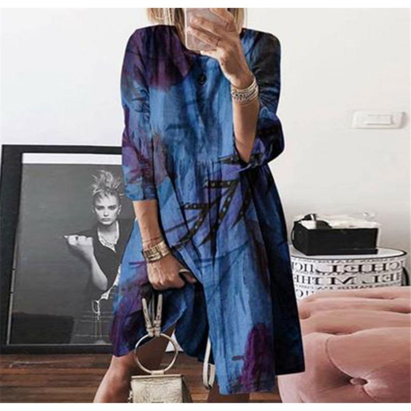 Large Size Women's Autumn Digital Printed Round Neck Long Sleeved Dress
