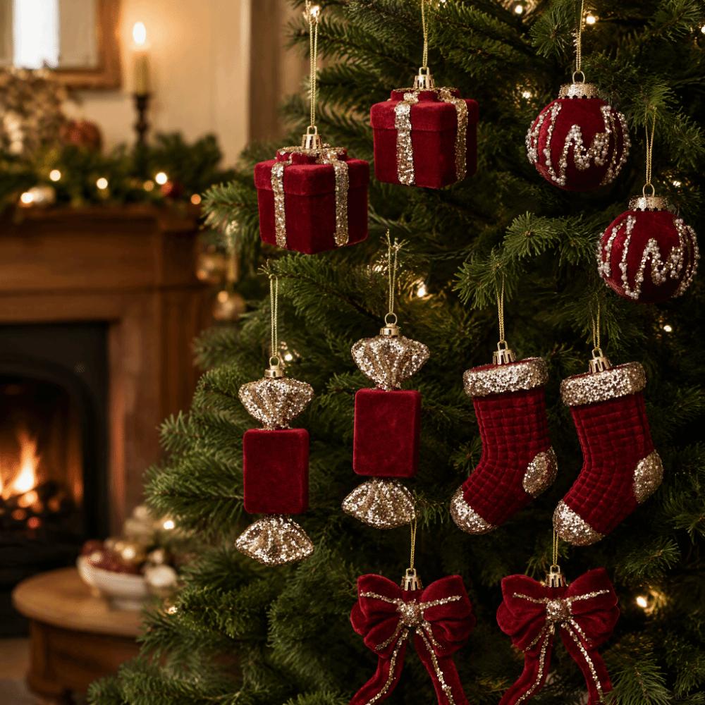 2PCS Wine Red Color Christmas Ornament Flocked Surface Xmas Decor Hanging Pendant Holiday Party