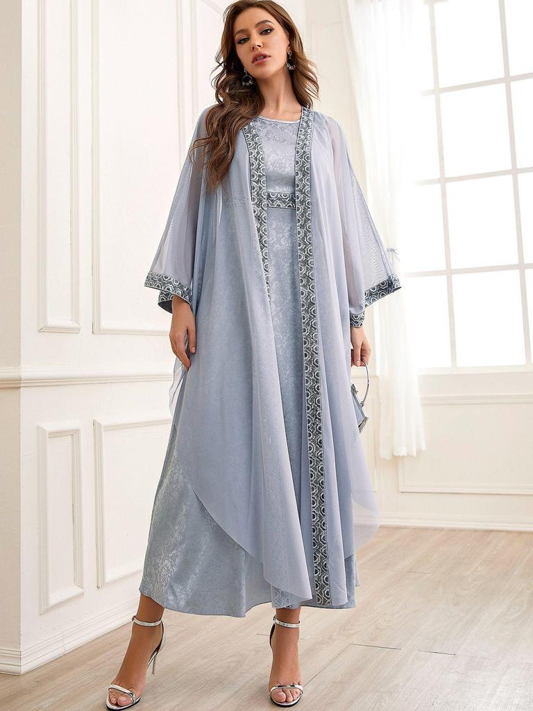 New Jacquard Abaya: Muslim Women's Two-Piece Long Cardigan Set