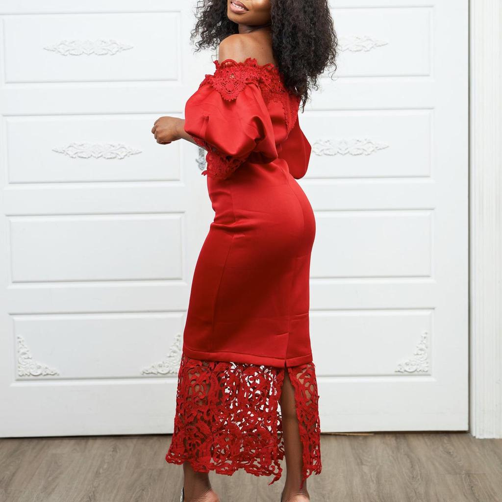 Women's One-Shoulder Lace Banquet Dress with Lantern Sleeves