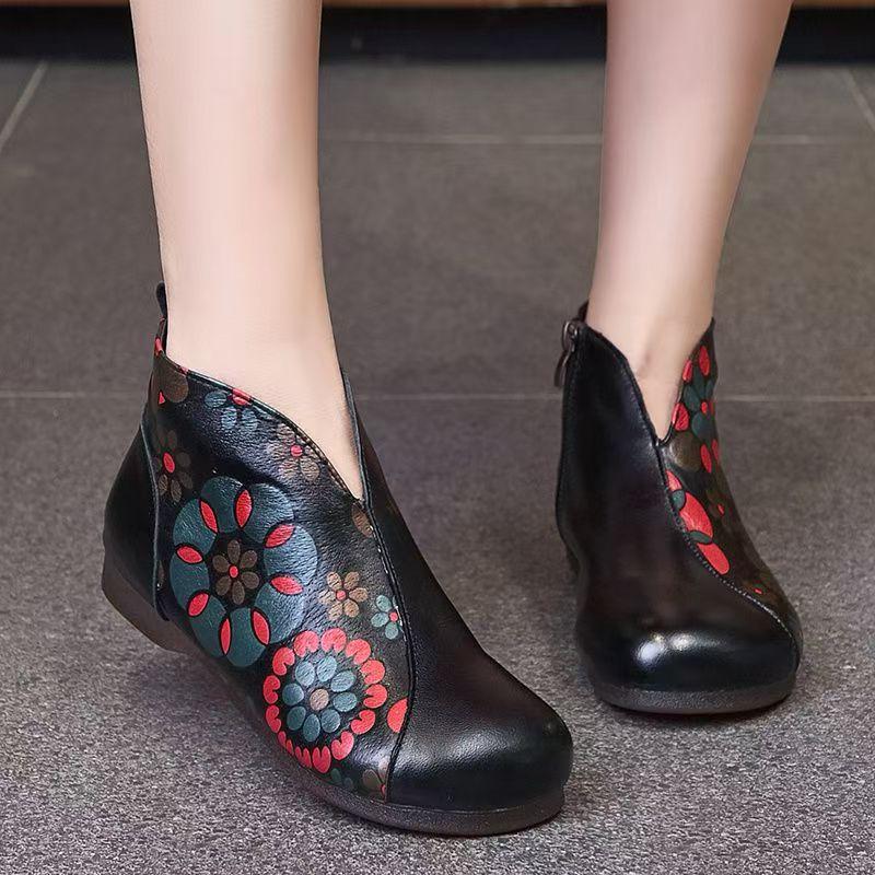 Dames Etnische Stijl Echt Leer Katoenen Laarzen Herfst Winter Nieuw Leerreliëf Pluche Warm Houden Platte zool Ritsen Enkellaarzen