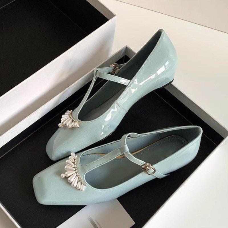 

Модные туфли-лодочки с бусинами для женщин, Мэри Джейн, балетки с квадратным носком, сандалии, женские лоферы, элегантный летний тренд 2025, платье, неглубокие сандалии 40