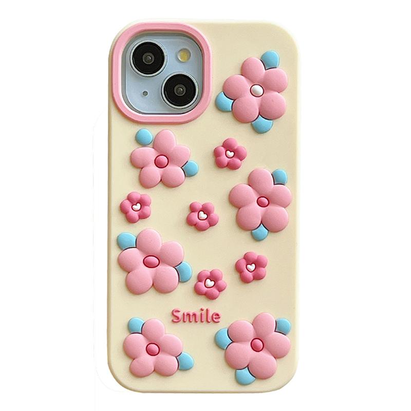 

For iPhone 15 Silicone Case Cute 3D Smile Pink Floral Design Shockproof Phone Back Cover As Shown A