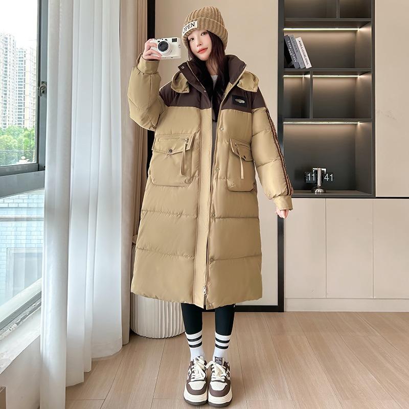 Fashion Down Cotton-padded Clothes Women's Hooded Jacket Over the Knee Loose and Thin Contrasting Colors Long Cotton-padded Jacket Trendy