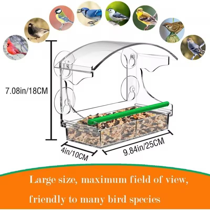 Clear Window Bird Feeder Acrylic Bird House with Suction Cup Removable Tray Perch Weatherproof Outdoor Bird Feeder Food Containe