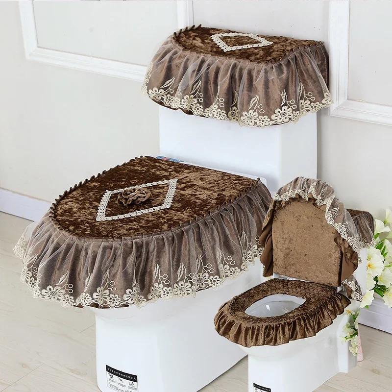 3PCS Velvet Skirt Style Toilet Mat Embroidered Lace Decorated Toilet Seat Mat Printed Dust Cover of Toilet Closestool