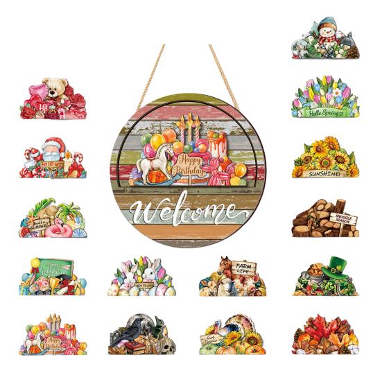 Decorative Wooden Door Sign Interchangeable Seasonal Welcome for Front Door, 12 Inch Round Wood Hanging Housewarming Gift For New Home with