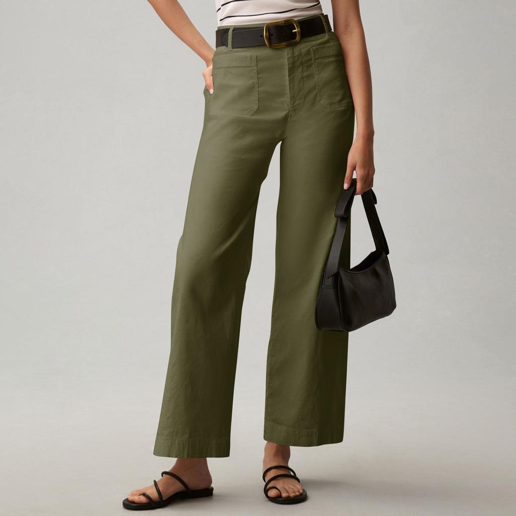 Dámské jednobarevné ležérní široké rovné devítibodové kalhoty s kapsami