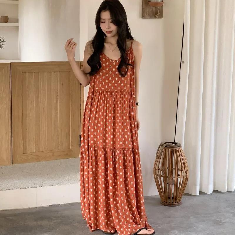 Women's Bohemian Floral Print Maxi Spaghetti Strap V Neck Summer Beach Dress