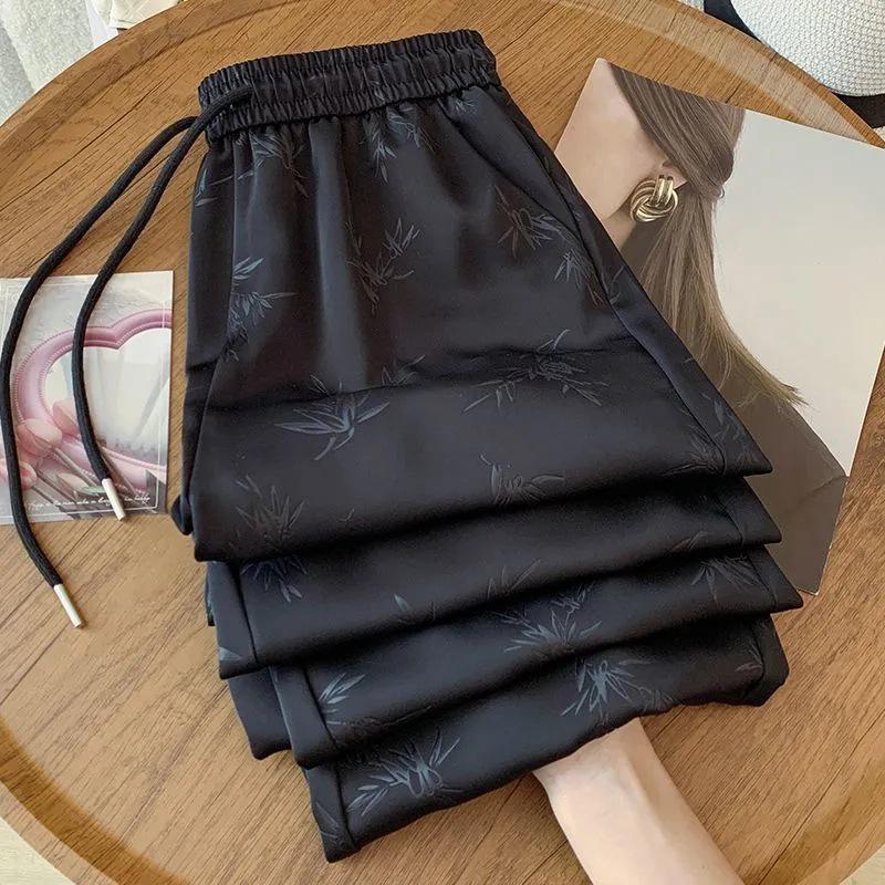 

Summer Chinese Print Wide-Leg Ice Silk Pants: Women s Versatile Slimming Casual Trousers L