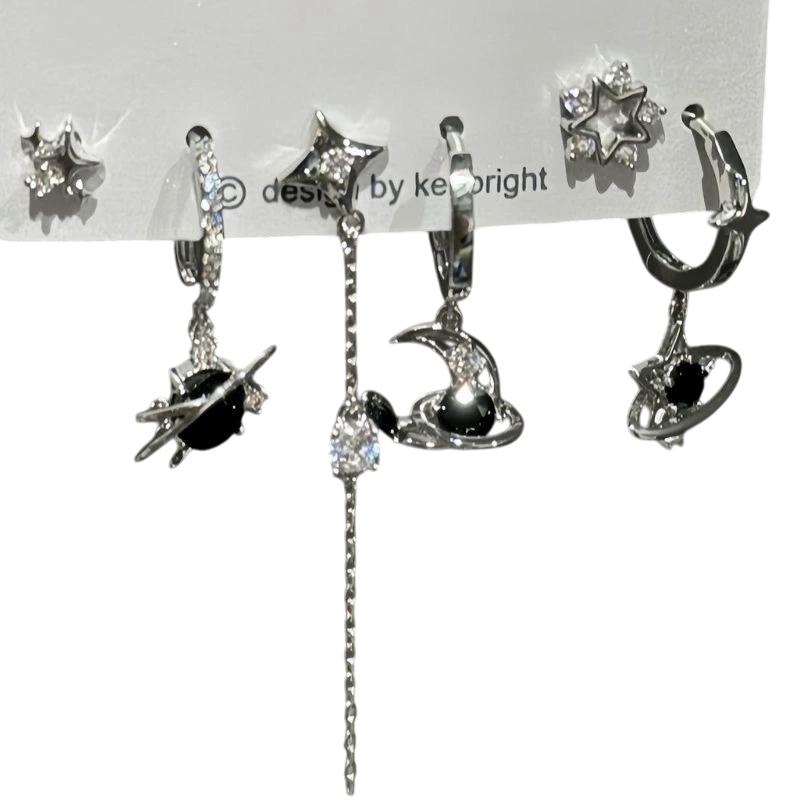 6KS SET Goth Punk Vintage estetické křišťálové srdce Moon Cross Star Přívěsek Náušnice pro muže Ženy Grunge šperky Y2K Příslušenství