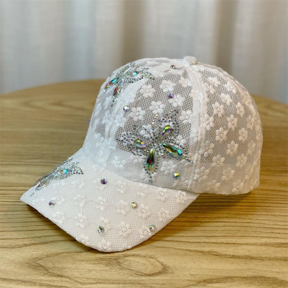 Rhinestone Flower Baseball Cap Lace Mesh Peaked Hat Fashion Visors Cap Outdoor
