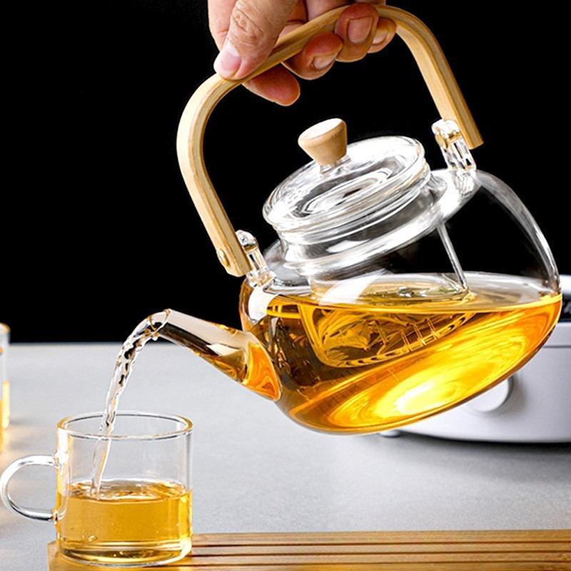 1000/1200ml High Borosilicate Glass Teapot Chinese Tea Ceremony Clear Teapot with Filter Wood Handle for Electric Ceramic Stove