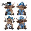 Small Bookshelf Figurine 4Pcs Christmas Highland Cow Figurine, Winter Blue Yak Statues with Snowflakes Xmas Comfortable Hand Feel Decor Hats,