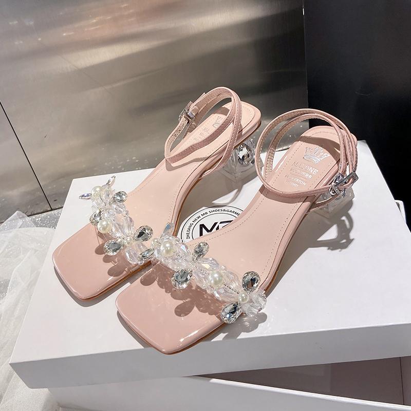 

супер огненные сандалии модные со стразами на ремешке, толстый каблук, квадратный носок, хрустальные сандалии женские летние 40