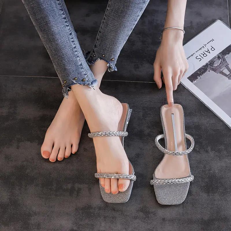 Fashion Women's Slippers and Ladies Sandals Jewels Clear Job Outside Crystals Open Toe Shoes Wedding Slides Low Heel Rhenstone W Shoe 39