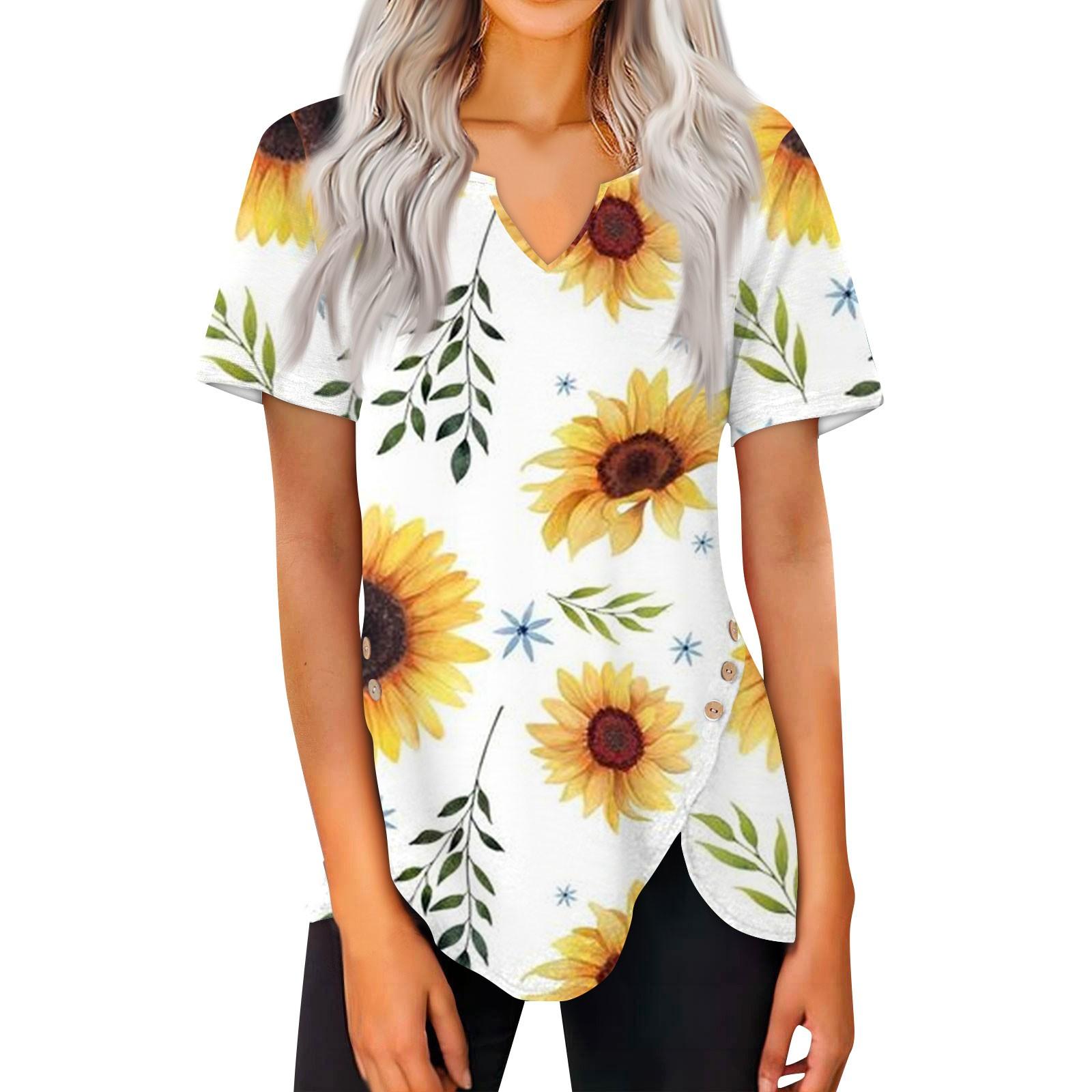 

Женская летняя повседневная блузка с v-образным вырезом и подсолнечным принтом, тонкая блузка с коротким рукавом, женская блузка XXXL белый