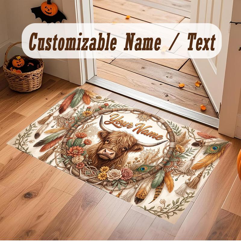 Highland Cow Theme Soft Crystal Velvet Rug Custom Name & Text Print Non Slip Floor Rug for Bedroom Living Room