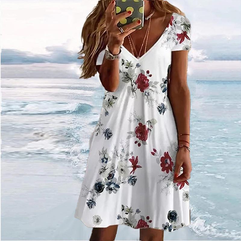 

Летняя мода женские V-образный вырез короткий рукав красивые цветы принтованные платья сексуальные короткие юбки платья 8XL белый