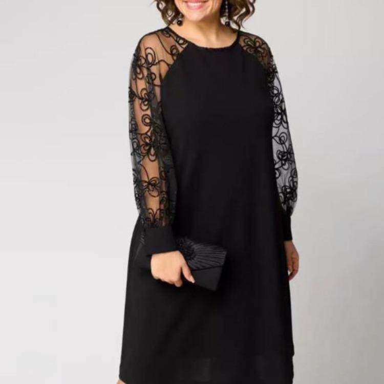 Summer Casual Lace Patchwork Dress Women Crew Neck Long Sleeve Loose A-line Midi Dress for Daily Vacation