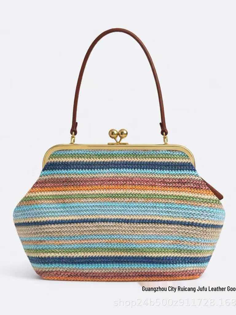 2026 Women's Handmade Mini Straw Shell Shoulder Bag with Kiss Lock Closure.
