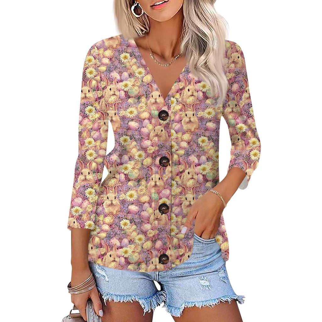 Women's Fashion Casual Print Button-down Shirt 3/4  Sleeve Tops
