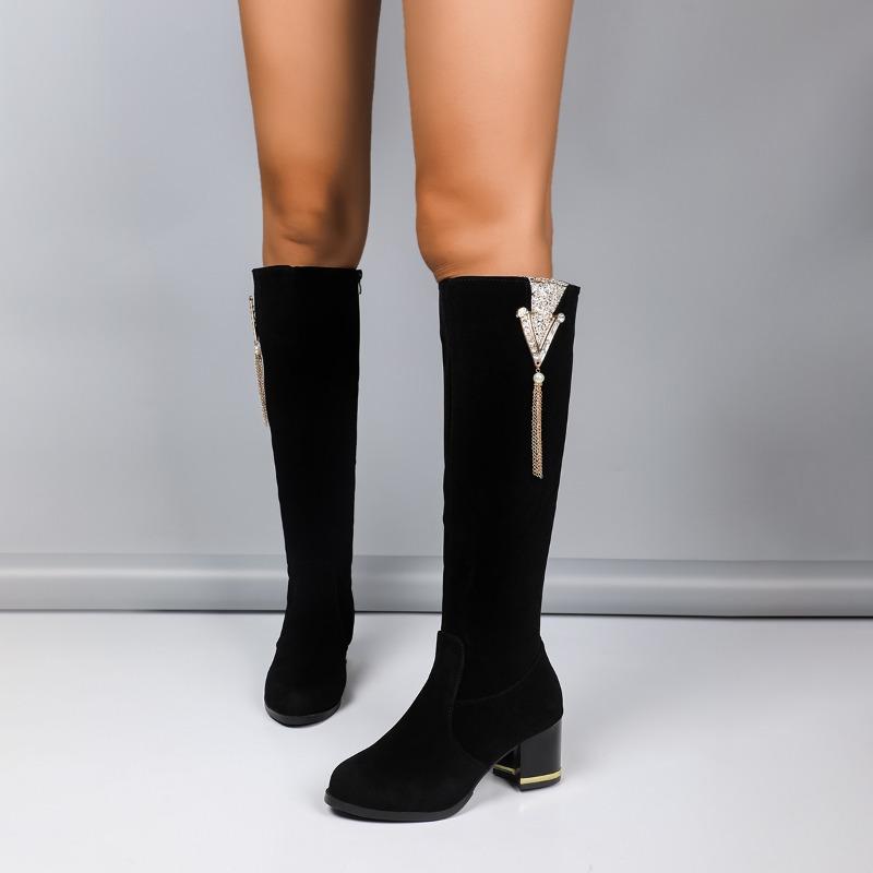 2024 Merke Damesko Sideglidelås Dame Støvletter Mote Metalldekorasjon Moderne Støvletter Dame Vinter Rund Tå Knehøye Støvletter