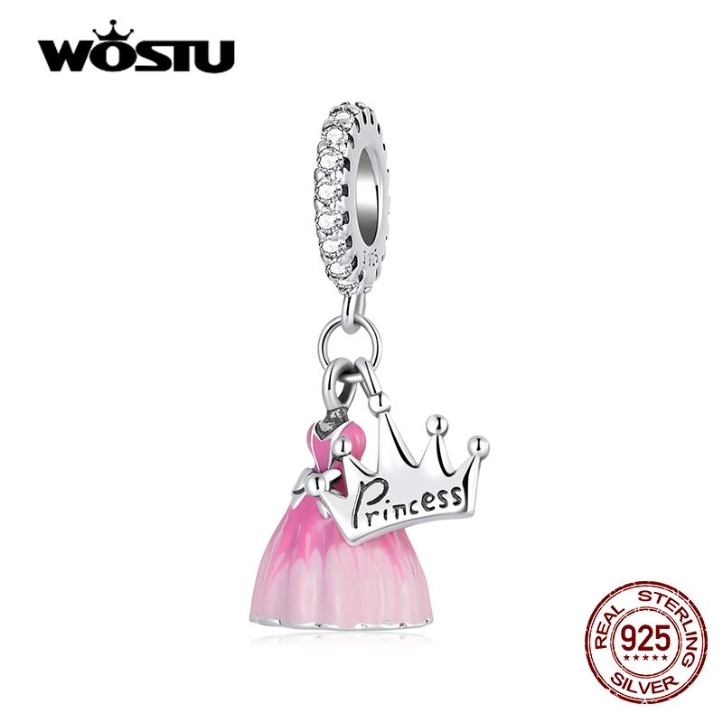 WOSTU 925 Silver Pink Dress Crown Princess Charm Bead Pendant Fit Original Bracelet Necklace For Women Jewelry CQC2203
