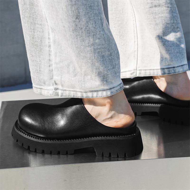 Pánské kožené boty s kulatou hlavou Letní trendy pantofle Venkovní volnočasová párty chůze tlustá podrážka výška zvyšující pánské boty