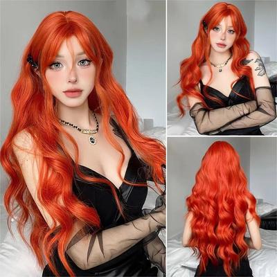 Long Orange Synthetic Wig Water Wavy Wig with Bangs for Women Realistic Fake Hair Halloween Party Use Heat Resistant Cosplay Use