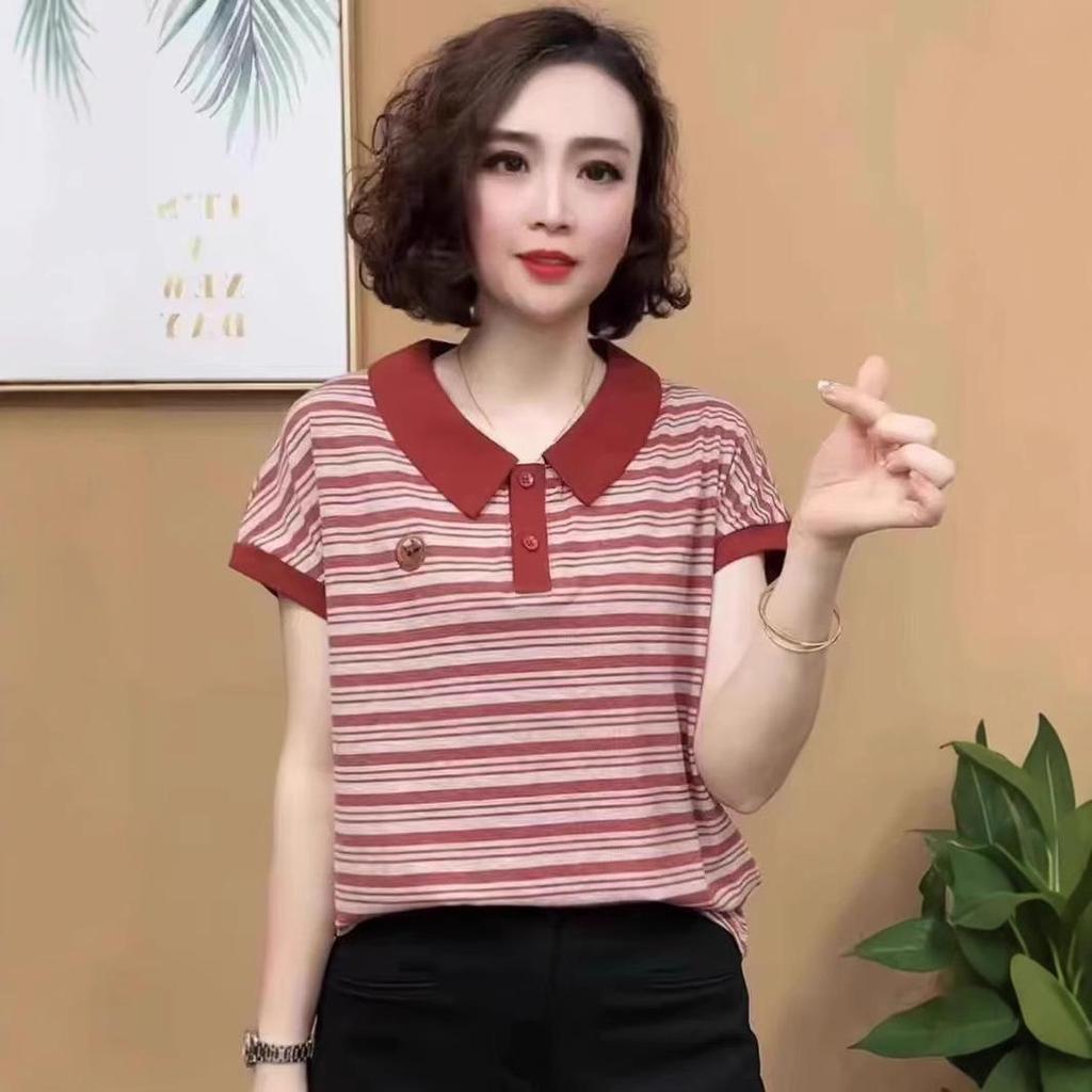 Sommer Besticktes Gestreiftes Peter Pan Kragen T-Shirt für Frauen mittleren Alters und ältere Frauen - Kurzarm