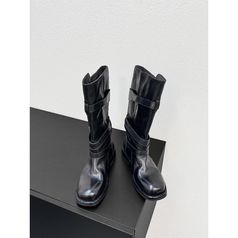 Cowhide version thick heel thick sole wrap-around belt buckle medium boots genuine leather boots women's western boots versatile knight boots
