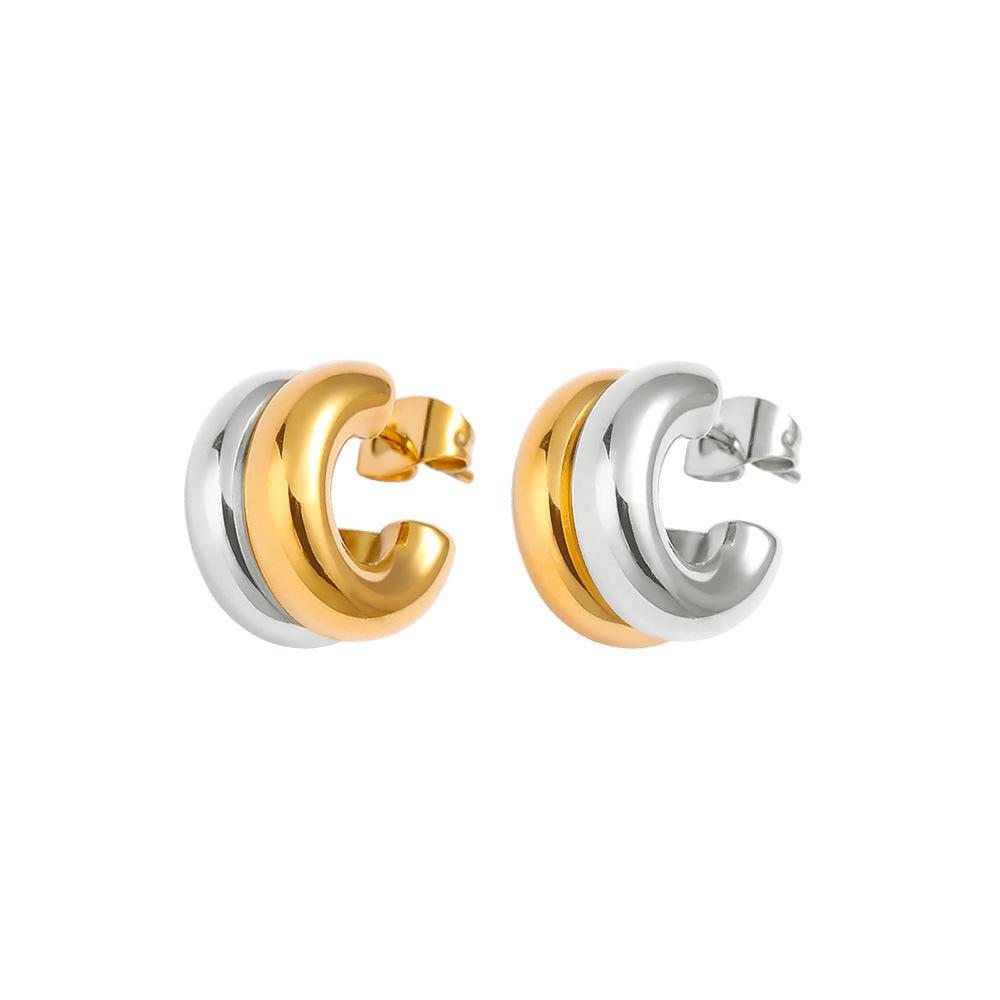 Elegant Two-Tone Gold  Silver C-Shaped Stainless Steel Earrings for Women – 18K Smooth Surface