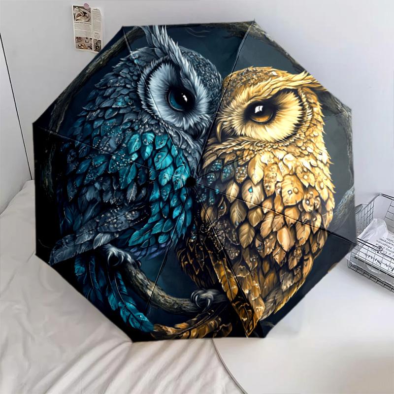 Two Owls pattern, automatic folding umbrella, portable and foldable design, 8 ribs, a Christmas or birthday gift.