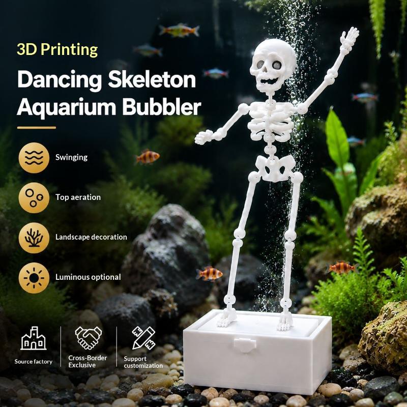 1Pcs Dancing Skeleton Aquarium Bubbler Unique 3D Printed Plastic Skull Ornament for Fish Tank Landscaping