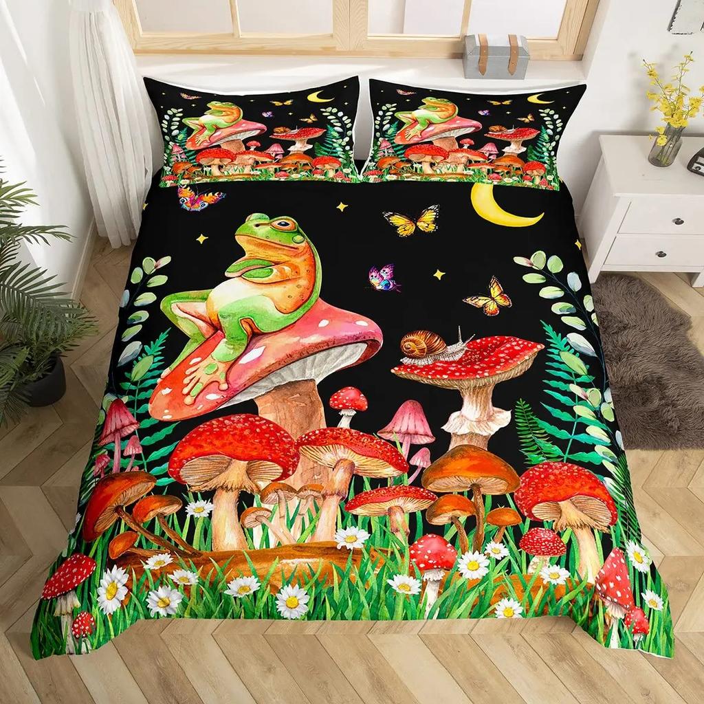 Glitter Starry Sky Galaxy Duvet Cover Mushroom Butterfly Quilt Cover Microfiber Star Moon Palm Leaves Flowers Queen Bedding Set