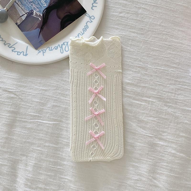 Children's Socks Summer Lolita Wooden Ear Mesh Ribbon Large Bow Mid-tube Socks for Girls