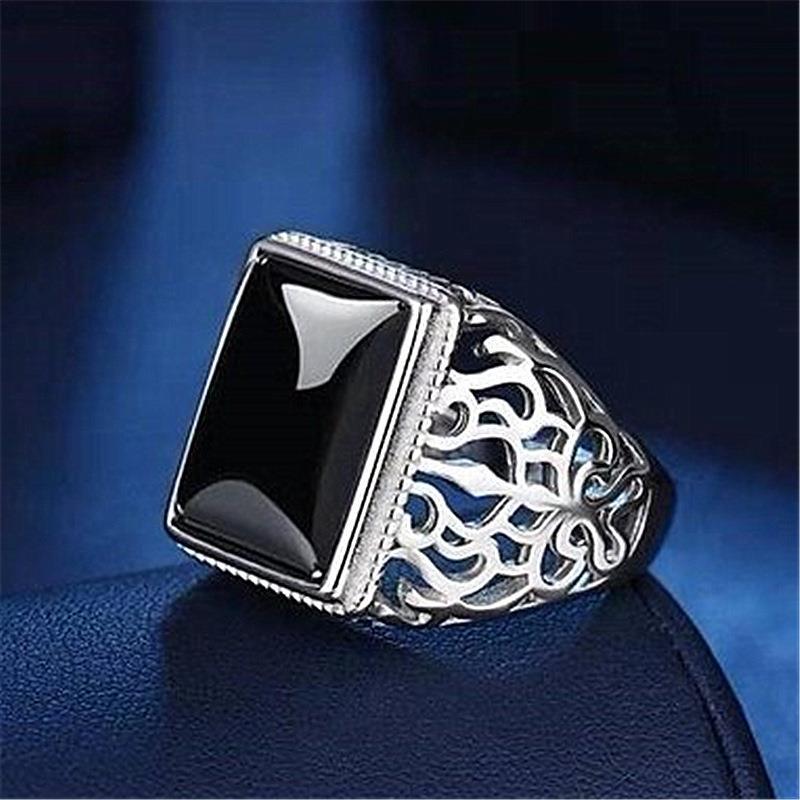 

Кольцо из серебра S925 с древом жизни, квадратным черным цирконом, агатом, мужское кольцо, открытое ретро-обсидиан, халцедон, мужское кольцо