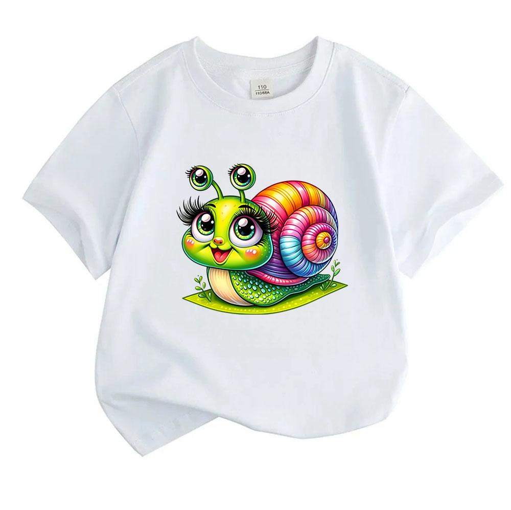 Kids Boys Girls 100% Cotton Crew Neck Short Sleeve T-Shirt, Cute Cartoon Rainbow Snail Print Casual Soft Breathable Summer Tee for Daily Wear