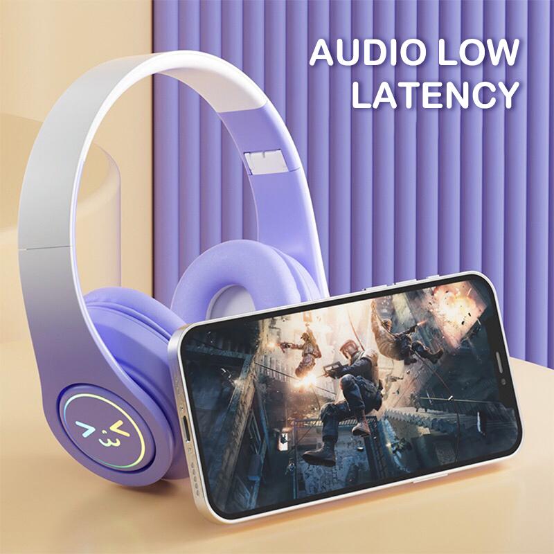 Cute Bluetooth Headphones Gradient Color Gaming Headphones Over-Ear Wireless Headset With Led Flashing, Lightweight Head-Mounted