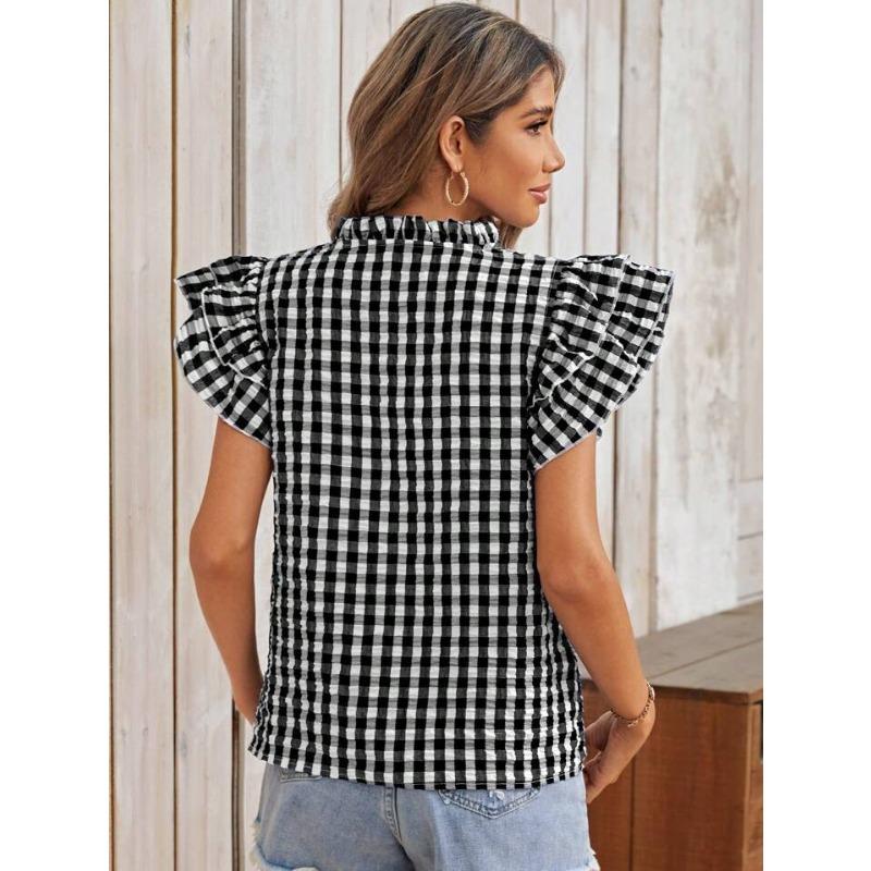 Blouse à imprimé carreaux d'été à volants double épaisseur pour femme, chemise douce et mignonne à col en V, hauts à manches courtes à carreaux pour femme, vêtements décontractés simples et amples