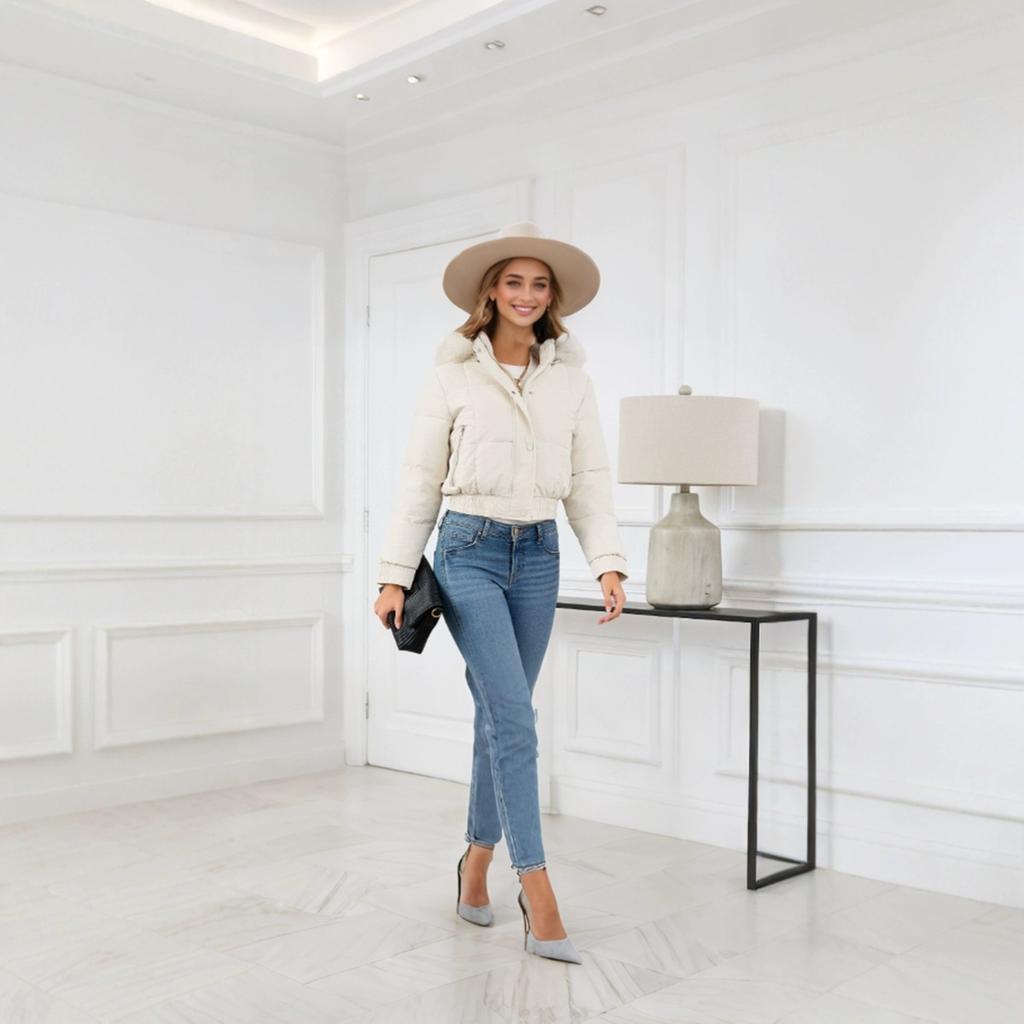 2025 European and American Women's Autumn and Winter New Short Slim High-waisted Cotton Jacket, Casual Thickened Fur Collar and Fleece Padded Jacket