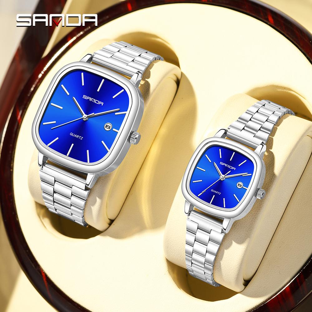 Fashion Square Dial Couple's Wristwatches Men Women Casual Daily Calendar Watch Waterproof Steel Strap Relojs