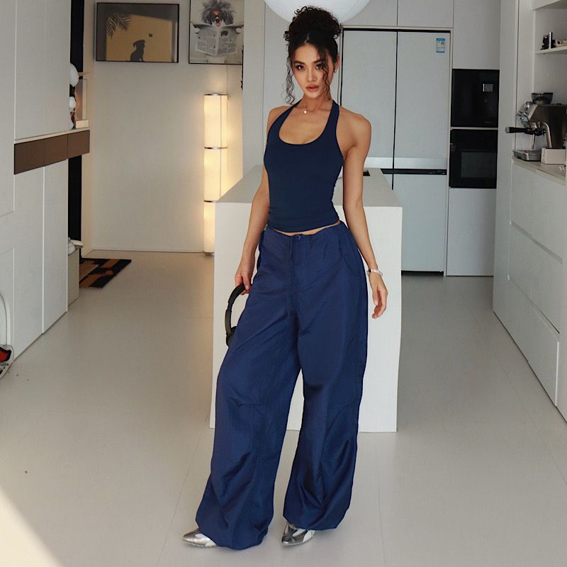 

Akiyo Studio Western Style Gyaru High Waist Slimming Women Slim fit Casual All-matching Trousers Navy blue L